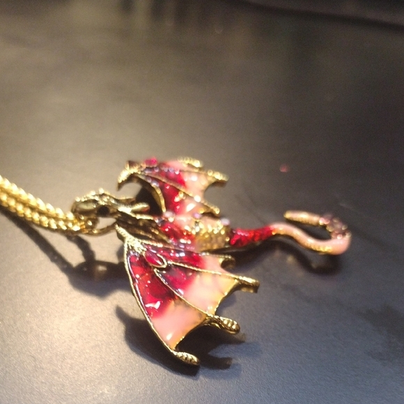 Dragon Pendant Necklace with Red, Pink and Gold Accents - Picture 5 of 9